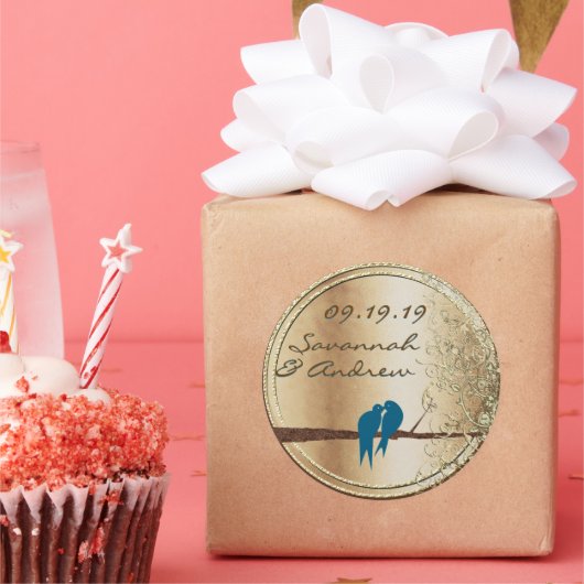 ティール（緑がかった色）ラブバード金ゴールド結婚ズシール ラウンドシール (パーティー)