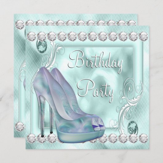 ティール(緑がかった色)ラベンダーパープルハイヒールシューバースデーパーティー 招待状 (正面/裏面)