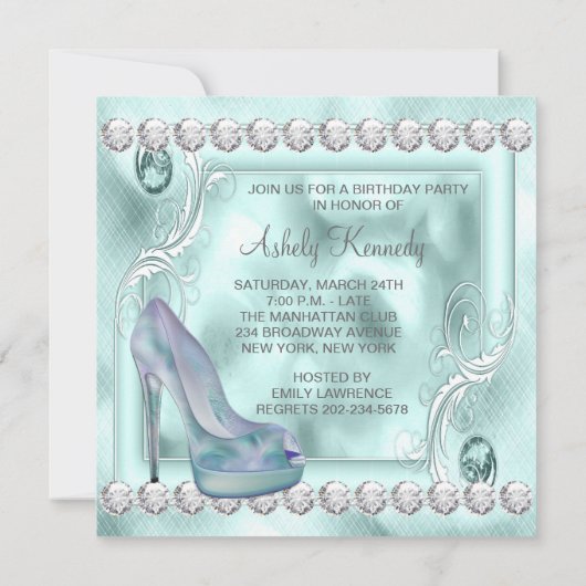 ティール(緑がかった色)ラベンダーパープルハイヒールシューバースデーパーティー 招待状 (裏面)