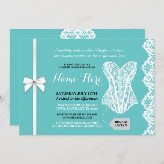 ティール（緑がかった色）ランジェリーシャワー招待状ホワイトレースブライダル 招待状 (正面/裏面)