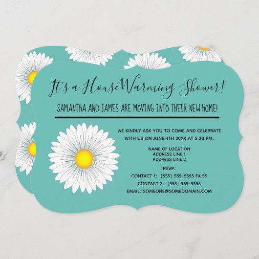 ティール（緑がかった色）リッかわいらしトルデイジーハウスウォーミングシャワー 招待状 (正面/裏面)