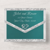 ティール(緑がかった色)、リボンおよびグリッター縁ど、ハート オールインワン招待状 (裏面)