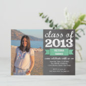 ティール（緑がかった色）リボンのバナーのシャルボード写真卒業 招待状 (スタンド正面)