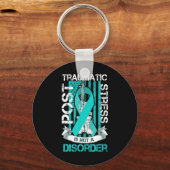 ティール（緑がかった色）リボンポスト外傷性ストレスフラグPtsdアワーン キーホルダー (正面)