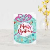 ティール(緑がかった色)リースレトロクリスマスカード カード (黄色い花)