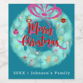 ティール（緑がかった色）リースレトロクリスマス ワインラベル (シングルラベル)