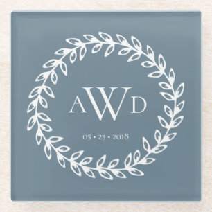 ティール（緑がかった色）リース  トリプルモノグラムコースター ガラスコースター