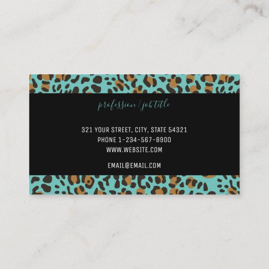 ティール（緑がかった色）レオパードアニマルプリントモダンプロフェッショナル 名刺 (裏面)