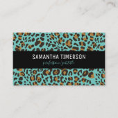 ティール(緑がかった色)レオパードアニマルプリントモダンプロフェッショナル 名刺 (正面)