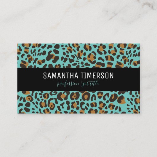 ティール(緑がかった色)レオパードアニマルプリントモダンプロフェッショナル 名刺 (正面)