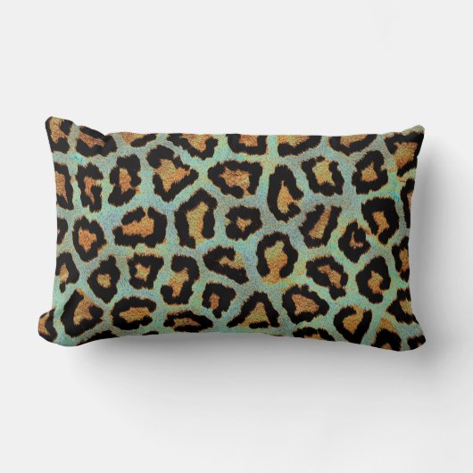 ティール(緑がかった色)レオパードシックアニマルプリント装飾用クッション ランバークッション (正面)