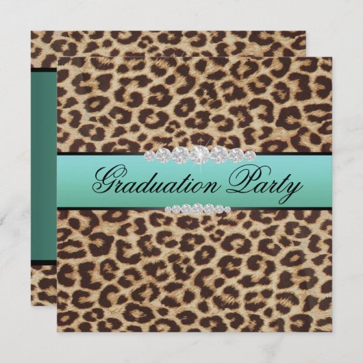 ティール(緑がかった色)レオパード卒業党 招待状 (正面/裏面)