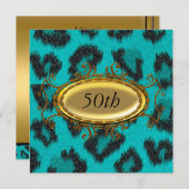 ティール（緑がかった色）レオパード50番誕生日招待状 招待状 (正面/裏面)