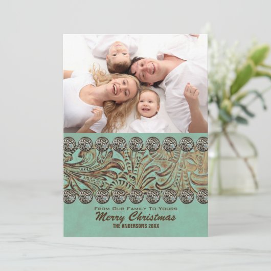 ティール（緑がかった色）レザーカントリーウェスタンクリスマスフォト シーズンカード (スタンド正面)
