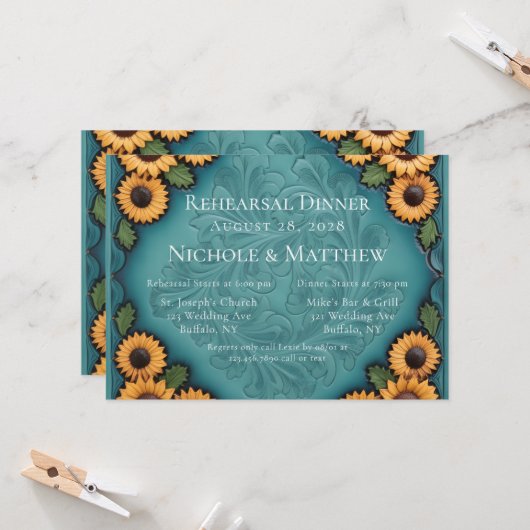 ティール（緑がかった色）レザーツーリング&サンフラワーリハーサルディナー 招待状 (正面/裏面インサイチュ)
