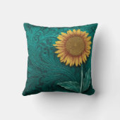 ティール（緑がかった色）レザーツールイエローサンフラワー クッション (裏面)