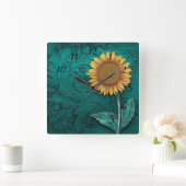 ティール（緑がかった色）レザーツールイエローサンフラワー スクエア壁時計 (ホーム)