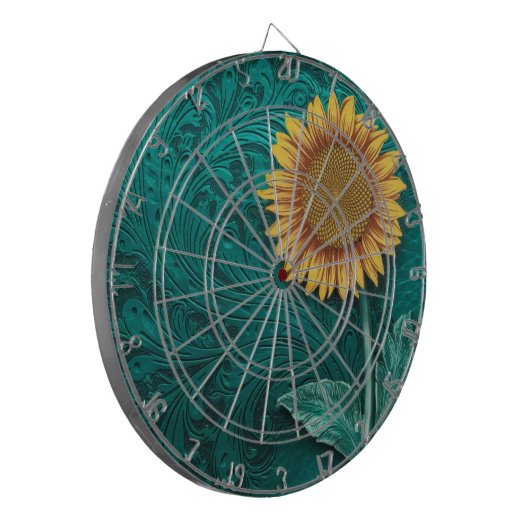 ティール(緑がかった色)レザーツールイエローサンフラワー ダーツボード (正面左)