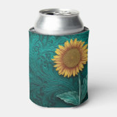 ティール(緑がかった色)レザーツールイエローサンフラワー 缶クーラー (缶正面)