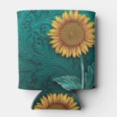 ティール(緑がかった色)レザーツールイエローサンフラワー 缶クーラー (裏面)