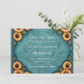 ティール(緑がかった色)レザーツール&ひまわり日付保存 招待状 (スタンド正面)