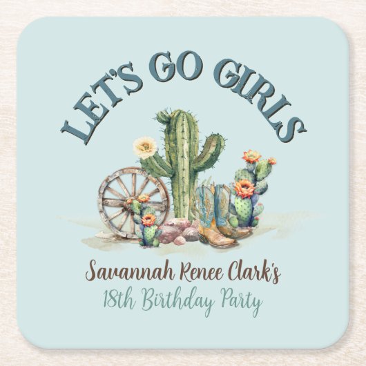 ティール（緑がかった色）レッツゴーガールズ女性のカーボーイサボリーパーティー スクエアペーパーコースター (正面)