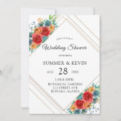 ティール(緑がかった色)レッドオレンジウォーターバラウェディングシャワー 招待状 (正面)
