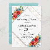ティール（緑がかった色）レッドオレンジウォーターバラウェディングシャワー 招待状 (正面/裏面)