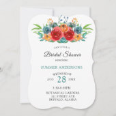 ティール（緑がかった色）レッドオレンジウォーターバラブライダルシャワー 招待状 (正面)