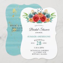 ティール（緑がかった色）レッドオレンジウォーターバラブライダルシャワー 招待状