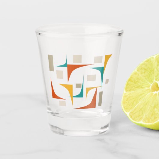 ティール（緑がかった色）レッドオレンジコーナーズミッドセンチュリーモダン ショットグラス (正面)