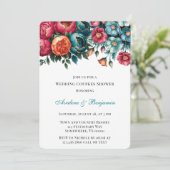 ティール（緑がかった色）レッドオレンジフローラ金ゴールド結婚ズカップルシャワー 招待状 (スタンド正面)