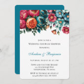 ティール（緑がかった色）レッドオレンジフローラ金ゴールド結婚ズカップルシャワー 招待状 (正面/裏面)