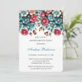 ティール（緑がかった色）レッドオレンジブーケフローラバチェロレッテ 招待状 (スタンド正面)