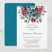 ティール（緑がかった色）レッドオレンジブーケフローラ金ゴールドカップルシャワー 招待状 (正面/裏面)