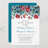 ティール(緑がかった色)レッドオレンジブーケ結婚フローラお祝い 招待状 (正面/裏面)