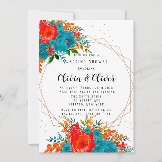 ティール(緑がかった色)レッドオレンジボタニカルフローラウェディングシャワー 招待状 (正面)