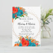 ティール（緑がかった色）レッドオレンジボタニカルフローラウェディングシャワー 招待状 (スタンド正面)