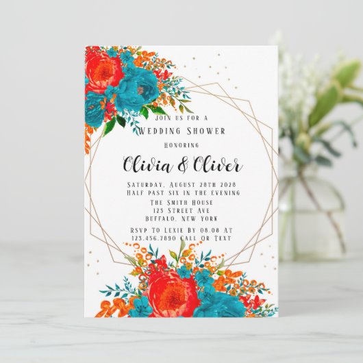 ティール（緑がかった色）レッドオレンジボタニカルフローラウェディングシャワー 招待状 (スタンド正面)