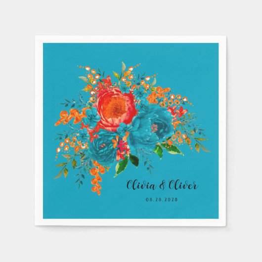 ティール(緑がかった色)レッドオレンジボタニカル結婚フローラ スタンダードカクテルナプキン (正面)