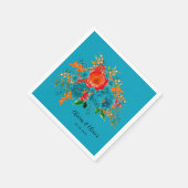 ティール(緑がかった色)レッドオレンジボタニカル結婚フローラ スタンダードカクテルナプキン (角)