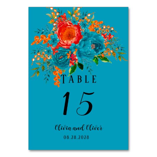 ティール（緑がかった色）レッドオレンジボタニカル結婚フローラ テーブルナンバー (正面)