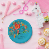 ティール(緑がかった色)レッドオレンジボタニカル結婚フローラ ペーパープレート (パーティー)