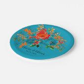 ティール(緑がかった色)レッドオレンジボタニカル結婚フローラ ペーパープレート (アングル)