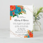 ティール（緑がかった色）レッドオレンジ牡丹花模様結婚ズ 招待状 (スタンド正面)