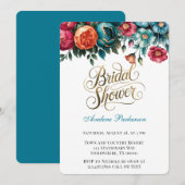 ティール（緑がかった色）レッドオレンジ牡丹金ゴールドブライダルシャワー 招待状 (正面/裏面)