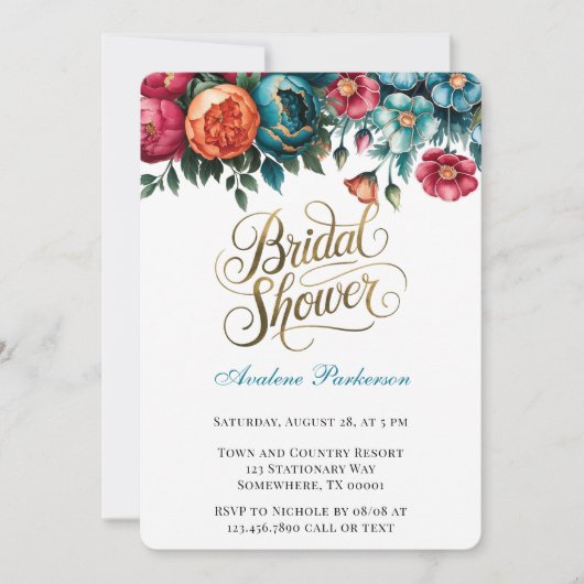 ティール（緑がかった色）レッドオレンジ牡丹金ゴールドブライダルシャワー 招待状 (正面)