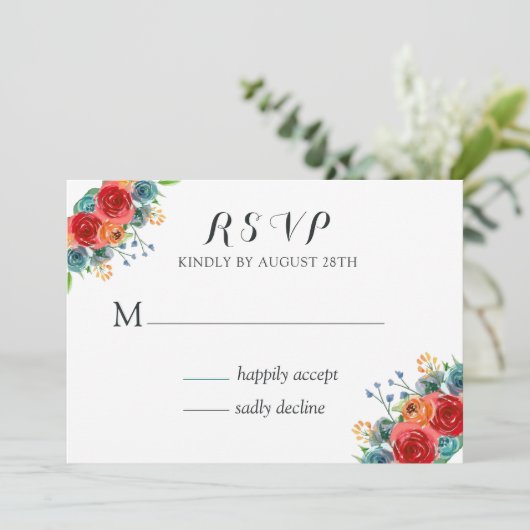 ティール（緑がかった色）レッドオレンジ色の水の色のバラウェディングRSVP 招待状 (スタンド正面)
