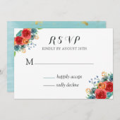 ティール（緑がかった色）レッドオレンジ色の水の色のバラウェディングRSVP 招待状 (正面/裏面)