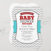 ティール(緑がかった色)レッドグレーシェブロンベイビーシャワー招待状 招待状 (正面/裏面)